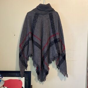 Infinity Raine Charcoal and Red Plaid Poncho Sweater